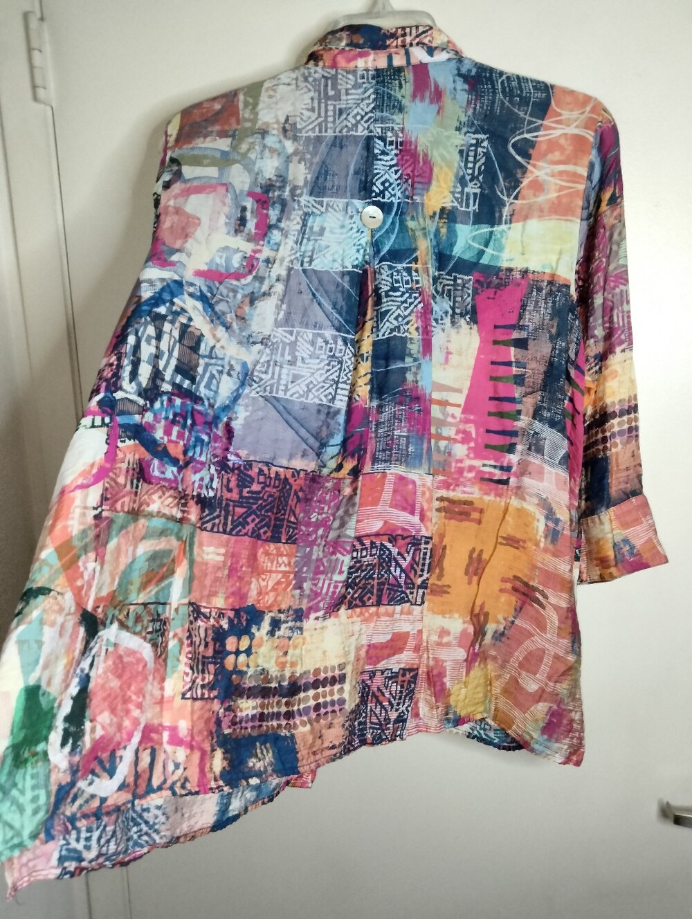 Ali Miles (Size 1X) Multicolored Patchwork Rayon 3/4 Sleeves Button-Down Shirt - Picture 9 of 12